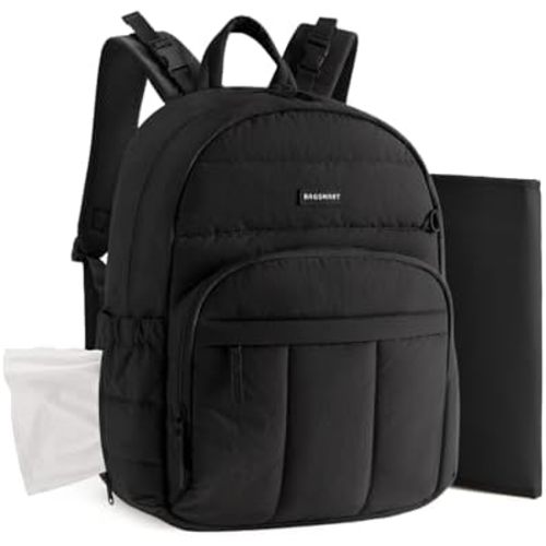 BAGSMART Diaper Bag Backpack, Multi-Pocket Puffy Diaper Bag with Waterproof Changing Pad, Lightweight Stroller-Friendly Diaper Bag with Insulated Pockets, Easy-Access Baby Essential, Black