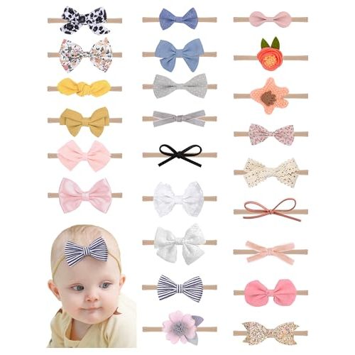 doboi 24pcs Baby Girls Flower and Hair Bows Headbands Soft Nylon Hairbands Elastic Hair Accessories for Newborns Infants Toddlers and Kids