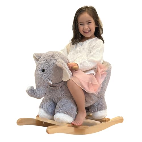 Rocking Horse Elephant, Baby Animal Rocker, Rocking Horse with Seat, Ride on Horse, Plush Rocking Horse with Sweet Music, Wooden Rocking Horse for Toddlers 1-3, (Gray Elephant), CPC Certified