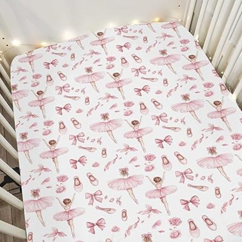 Cute Girl Ballet Pink Baby Crib Sheets for Boy Girl 52x28Inch Pink Dance Girl Bows Shoes Soft Stretchy Fitted Crib Mattress Cover Sports Baby Sheet for Standard Crib and Toddler Mattresses