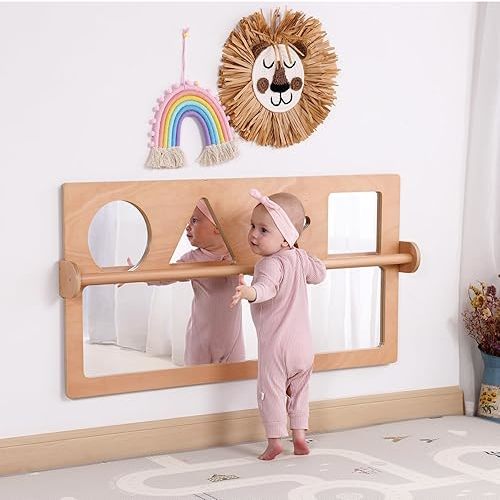 Baby Early Learning Shatter-Resistant Safety Mirrors w/Pull Up Bar, Infants Exploration Set, Toddlers Montessori Classroom Furniture for Daycare, Preschool and Nursery (Natural, Standard)