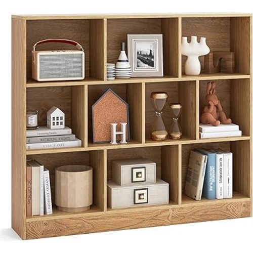 Tangkula 10-Cube Bookshelf, 47.5”L Floor Bookcase with 2 Anti-Tipping Kits, Freestanding Storage Organizer, 4-Tier Display Shelf for Home, Office & Dorms (Natural, 10-Cube)
