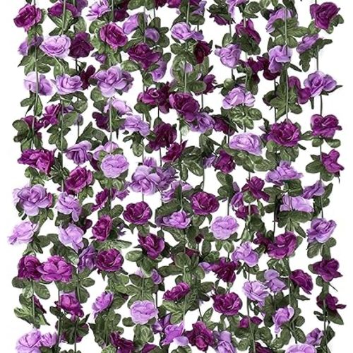 KHOYIME 18 Pack 144 FT Artificial Flower Garland, Fake Purple Roses Vines Silk Flowers Faux Plastic Outdoor Hanging Floral Ivy Garland Decoration for Wedding Arch Bedroom Home Wall Backdrop Room Decor