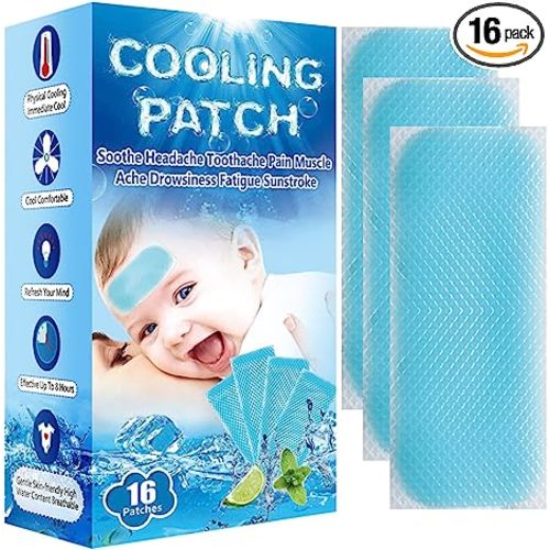 16 Sheets Baby Cool Pads for Kids Fever Discomfort & Pain Relief, Cooling Relief Fever Reducer, Soothe Headache Pain, Pack of 16