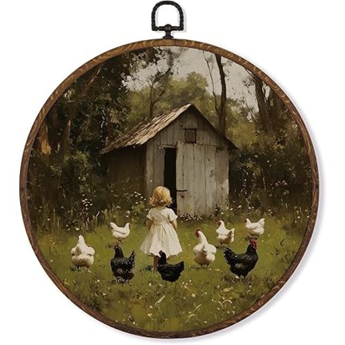 MOTERMATE Vintage Farmhouse Wall Art Decor Round Framed, Rustic Farm Girl Chicken Canvas Wall Art Artwork Prints, Cottagecore Country Hanging Decor Decorations for Kitchen Home Living Room, 10x10 Inch