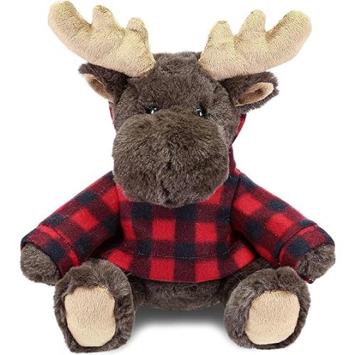 DolliBu Super Soft Moose Stuffed Animal with Plaid Red Hoodie Sweater - Cute Moose Plush Lumberjack Stuffed Toy with Plaid Jacket Animal Hoodie Dress Up for Christmas, Holiday, Winter - 10 Inches
