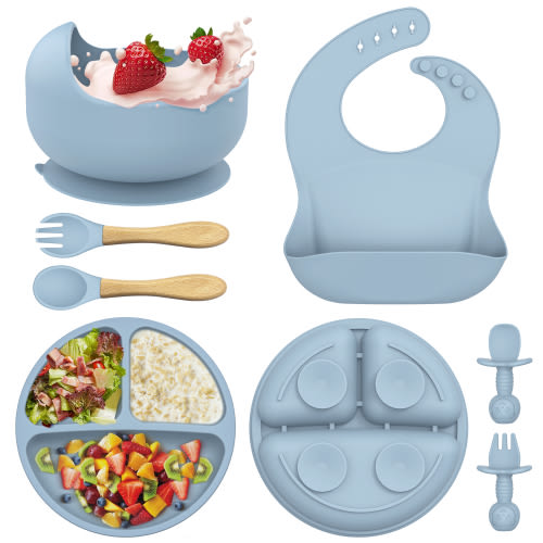Baby Feeding Set, 8Pcs Baby Led Weaning Supplies, Toddler Self Feeding Utensils includes 2 Pack Silicone Divided Suction Plates, Spoons and Forks and Adjustable Bib for 6+ Months, Blue