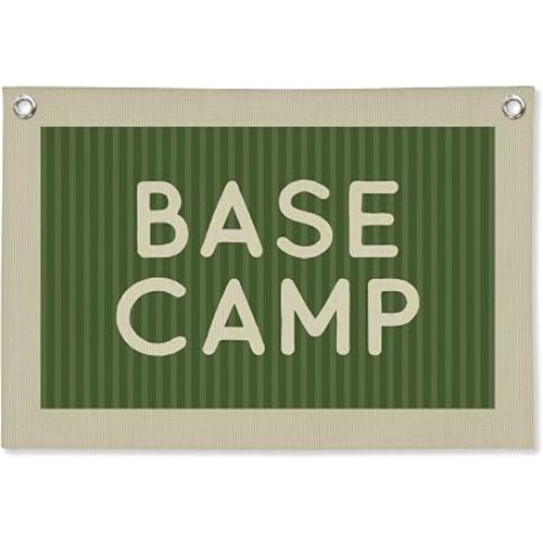 Camp Kids Room Wall Decor,Camping Classroom Decor Base Camp Linen Canvas Banner,Sage Green Stripe Wall Hanging,Camp Themed Decorations for Kids Nursery Playroom Cabin Porch,30x20 Inch