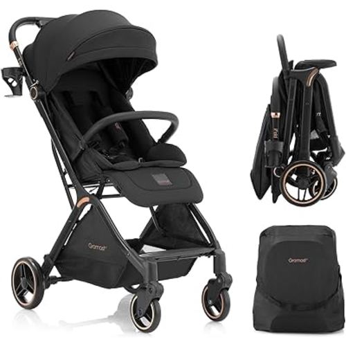 Gravity Folding Baby Stroller - Portable Travel Toddler Stroller w/Adjustable Backrest & Canopy, Lightweight and UV Protected, One-Hand Automatic Folding - Black