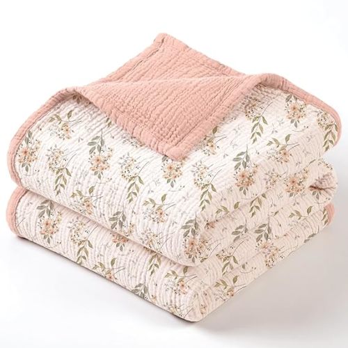 lulumoon Muslin Baby Blanket for Girl: Lightweight Cotton for Newborns - Soft Nursery Blanket for Stroller 47"×47"(Pink Floral)
