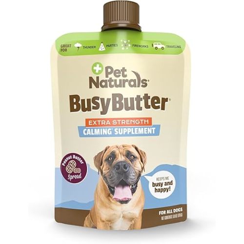 Pet Naturals BusyButter Extra Strength Calming Peanut Butter with Melatonin for Dogs, Easy-Squeeze Pouch - Great for Treats, Lick Mats, Training, Calming, and Enrichment Toys, 6 oz