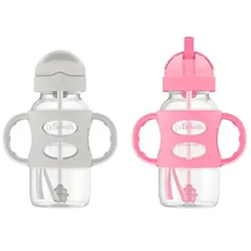 Dr. Brown's Milestones Wide-Neck Sippy Straw Bottle, Spill-Proof with 100% Silicone Handles and Weighted Straw, 9 oz/270 mL, Gray & Pink, 6m+, 2-Pack