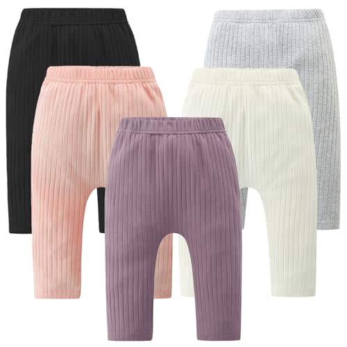 Fullfamous Baby and Toddler Girl's 5 Pack Cotton Ribbed Pull On Pants Leggings 0-4 Years