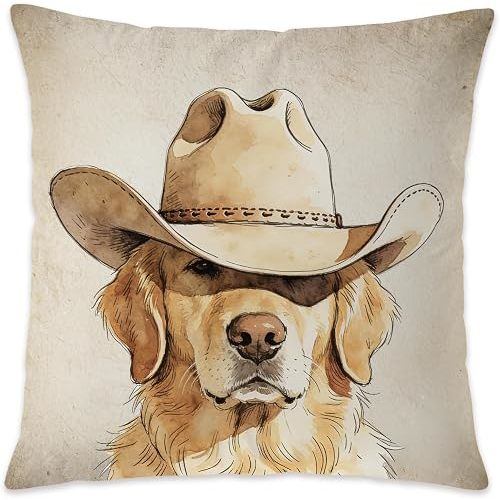 Western Cowboy Golden Retriever Pillow Cover 18x18, Gifts for Golden Retriever Lovers Owners, Vintage Cowboy Hat Dog Decorative Throw Pillow Cover for Home Bedroom Living Room