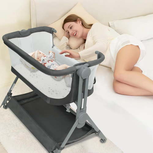 Wanan Bassinets Bedside Sleeper, Baby Bassinet One-Button Folding Portable Bedside Bassinets, Breathable Mesh and Soft Mattress, Adjustable Height Baby Crib with Storage Basket and Wheels for Newborn