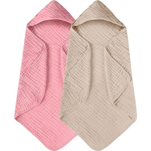 Yoofoss Hooded Baby Towels for Newborn 2 Pack 100% Muslin Organic Cotton Baby Bath Towel with Hood for Babies, Infant, Toddler and Kids, 32x32Inch, Soft and Absorbent Newborn Essential,Bge& Bean Paste