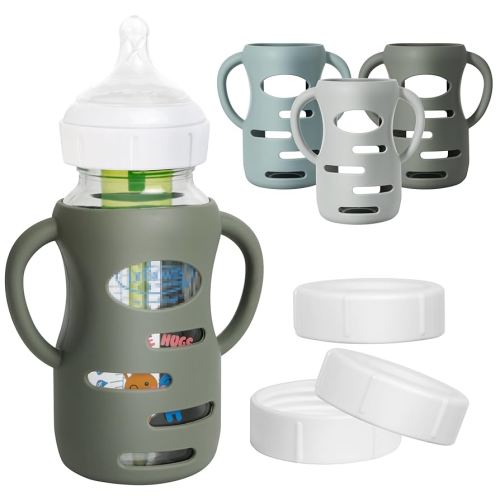 3 Pack Silicone Sleeves for Dr Brown Wide-Neck Glass Baby Bottles, Food GradeAnti Breakage Baby Bottle Holder with Handles and 3pcs Travel Bottle Caps, 9oz