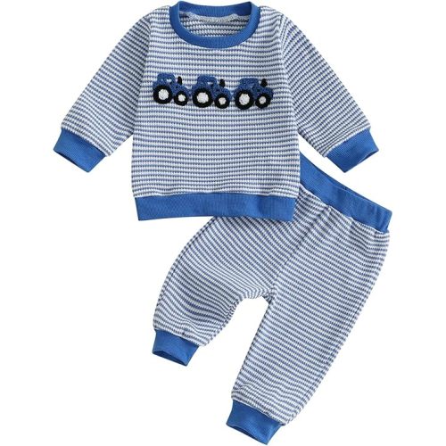 fhutpw Baby Toddler Boy Girl Fall Winter Clothes Embroidery Stripe Pullover Pants Sets Infant Long Sleeve Sweatshirt Outfits