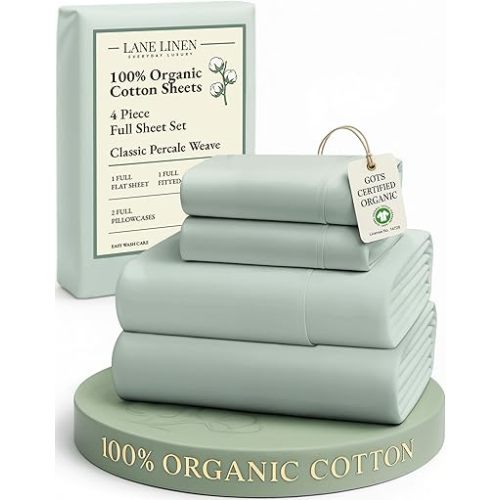 LANE LINEN 100% Organic Cotton Full Sheets Set, Soft & Comfy Percale Weave Fully Elasticized Reinforced Seams Sustainably Produced Oeko Tex Certified Deep Pocket Cotton Full Size Sheet - Cool Blue