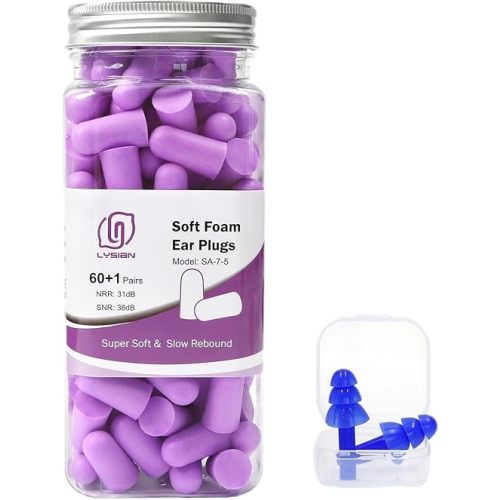 LYSIAN Ultra Soft Foam Earplugs for Sleeping, 38dB SNR Noise Reduction Ear Plugs for Snoring, Shooting, Study, Work and Travel, 60 Pairs, Purple