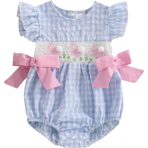 MoZiKQin Baby Girl 4th of July Outfit Newborn American Flag Bubble Romper Bowknot Ruffle Bodysuit Smocked Baby Clothes