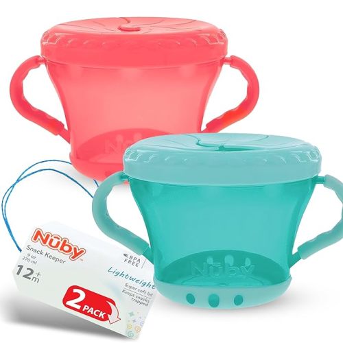 Nuby Toddler Snack Cups with Soft Flaps Lids - (2 Pack) 9 oz - Spill-Resistant Snack Containers for Kids - Portable Food Holders for Travel or Home - Coral and Aqua