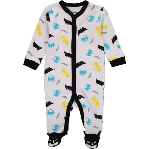 DC Comics Batman Baby Boy Romper with Footie Sleeper Printed Coverall (White/Yellow, 6-9 Months)