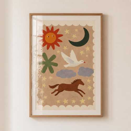 Folk Art Nursery Wall Art Sun, Moon, Horse & Bird Heavyweight Poster