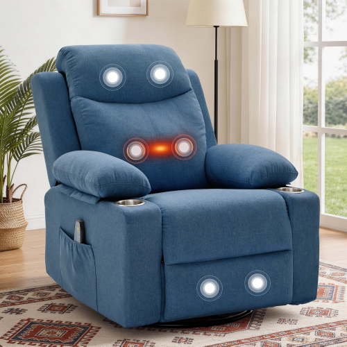 GEEYOO 360°Swivel Rocker Recliner Chair with Massage and Heat,Manual Recliners with Side Pockets & Cup Holders Nursery Glider Recliner for Living Room,Linen,Blue