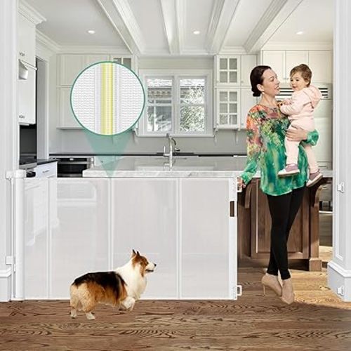 Reinforced 60" Wide Retractable Baby Gate with Reinforced Rods, 5 ft Retractable Dog Gate Indoor/Outdoor Baby Gate Retractable Gate - Bottom Anti-Escape, White