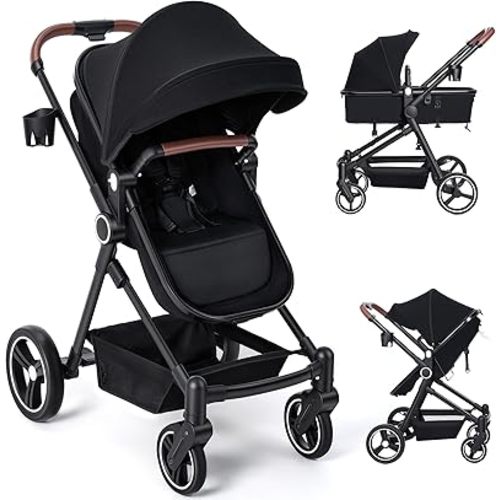 2-1 Baby Stroller, Newborn Toddler Compact Stroller with Convertible Seat, Foldable Pram Stroller with Adjustable Backrest/Canopy& Cup Holder, for 0-48 Months