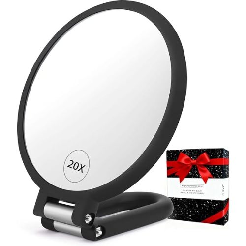 CLSEVXY Magnifying Handheld Mirror Double Sided, 1X 20X Magnification Hand Mirrors, Travel Folding Hand Held Mirror, 360°Rotation Pedestal Makeup Vanity Mirror