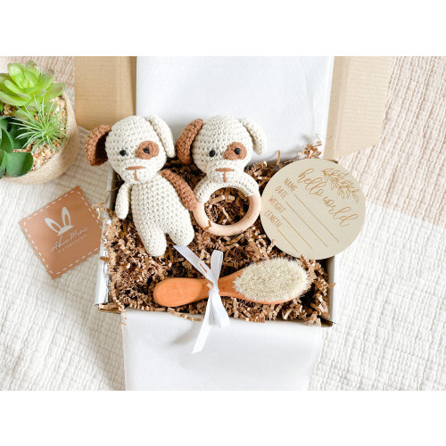 Baby Shower Gift Set|Cute Neutral Gift for Baby Girl,Boy|Crochet Amigurumi Brown Puppy Dog Rattle|Welcome Gift, New Mom Gift