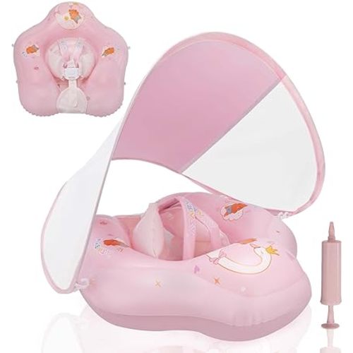 Loowarts Baby Float with Canopy,Infant Pool Float with Safety Seat,Baby Swimming Float & Swim Float & Water Float UPF50+ UV Protection for Toddler from 3 to 36 Months.(S:3-12 Month/L:6-36 Month)