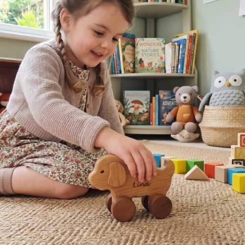 Personalized Rolling Wooden Dog Toy, Custom Name Montessori Push Toy, Beech Wood Toddler Gift