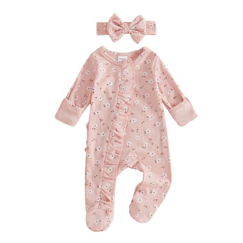 Ayalinggo Newborn Baby Girl Fall Winter Outfits Clothes Knit Jumpsuit Ruffle Romper Newborn Coming Home Outfit for Baby Girl | Newborn Baby Girl Outfits, Vintage Floral Print, Knit Onesie Ruffle Romper, Long Sleeve Jumpsuit, Shower Gift