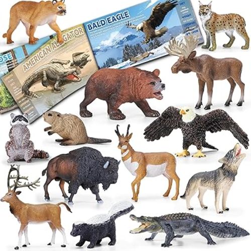 13 Pcs North American Forest Animal Figure Set with Educational Booklet and Gift Box, Realistic Plastic Animals Toy for Kids, Jungle Theme Party Favor, Cake Topper, Birthday Gift for Toddler Boy Girl