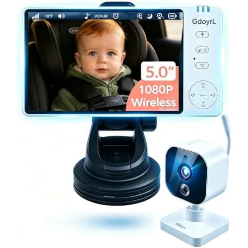 Wireless Baby Car Camera 1080P with 5" IPS Screen, No-Glow Night Vision for Backseat, 2-Minute No-Tool Install, 8 Lullabies, Portable Car/Home Monitor for Infant Toddler Pet
