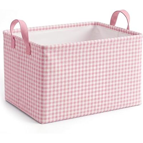 Hushee Pink Checkered Storage Basket Collapsible Gingham Organizer Rectangular Bin with Handles for Home Office Bathroom Bedroom Pet Toy Storage Modern Farmhouse Decor