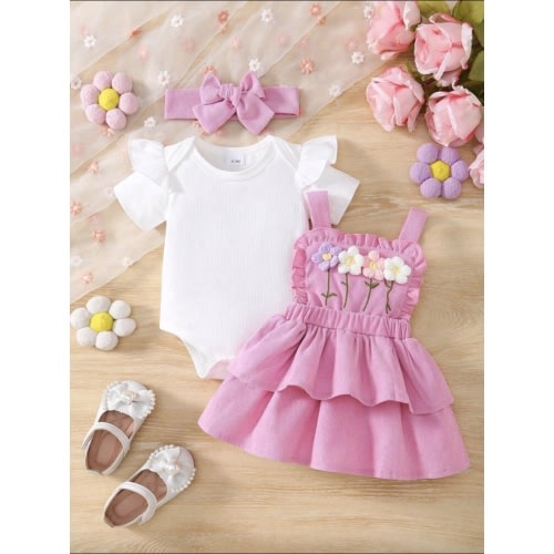 3pcs Baby Girls Set: Solid Color Ruffled Sleeve Romper + 3D Flower Embroidery Ruffle Hem Strap Dress + Headband | SHEIN USA