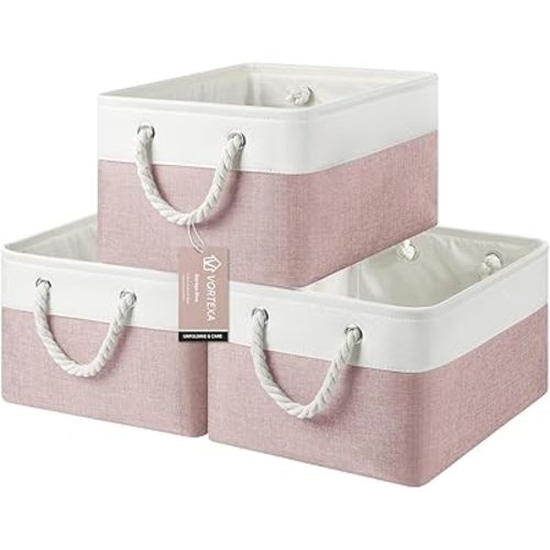 Storage Baskets, Fabric Storage Bins, Versatile Storage Baskets for Shelves with Handles, Large Closet Organizers for Shelves, Clothing, Toys, Books (3-Pack 15.7x11.8x8.2 inch, White&Pink