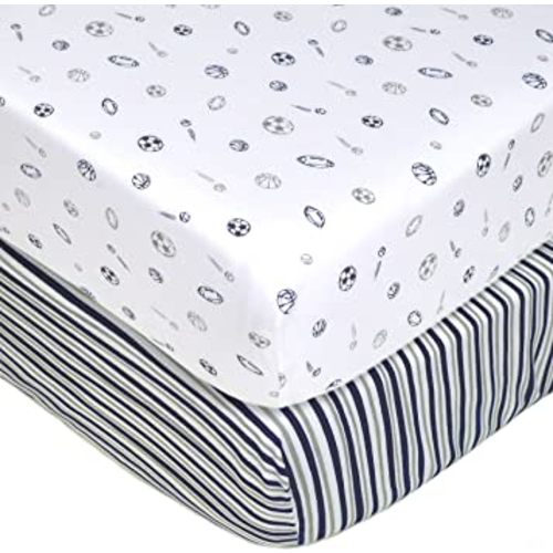 American Baby Company 2 Pack 100% Natural Cotton Fitted Crib Sheets 52" x 28" - Soft, Breathable, Hypoallergenic & Gentle Toddler Bed Sheets, Navy/Grey Sports Stripes, Neutral for Boys & Girls