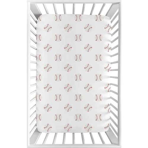 Sweet Jojo Designs Baby Fitted Mini Crib Sheet (Red/White Baseballs) for Boys, Newborn/Infant Nursery, Play Yards, Portable Cribs (Sport, Americana, Classic Sports Theme for Baseball Patch Collection)