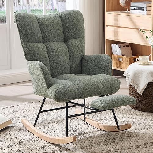 Nursery Rocking Chair with Footrest, Teddy Upholstered Glider Rocker with Side Pocket, Leisure Rocker Chair with High Back, Recliner Rocking Chair, Accent Reading Chair for Bedroom (Green)