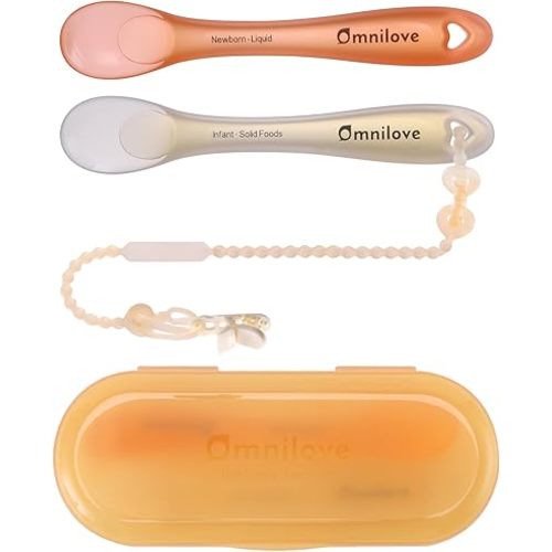 Silicone Baby Spoons 2-Pack with Case, New Born Self Feeding Toddler Spoon, Baby Led Weaning Supplies, Toddler Utensils with Safety Chain, Baby Eating Essentials, Dishwasher Safe