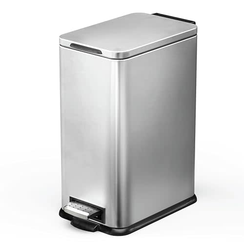 Home Zone Living 4 Gallon Slim Kitchen Trash Can with Soft Close Lid and Step Pedal, Stainless Steel Wastebasket with Removable Liner, Silver
