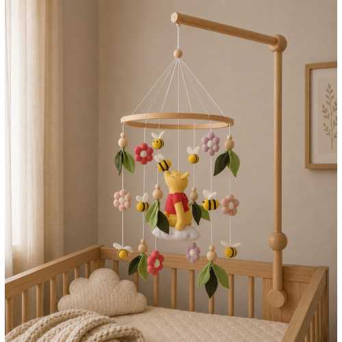 Winnie the Pooh-Themed Floral Flowers Baby crib Mobile, boucle nursery decor, baby shower gift for baby announcement