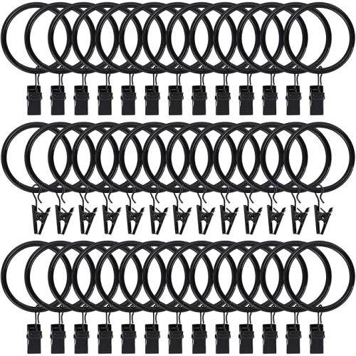 44pcs Curtain Rings with Clips Hooks 1.5 inch Rustproof Matte Metal Stainless Steel Drapery Rings for Tension Rod Bracket Eyelets Decorative Hangers, Vintage Black (1.5" Interior Diameter)