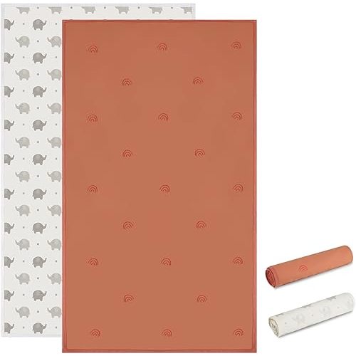 Vegan Leather Baby Changing Mat - Wipeable Portable Changing Pad 2 Pack, Foldable Travel Changing Mat for Baby, Newborns Toddlers Shower Gifts (Rainbow&Elephant,15.75"*28")