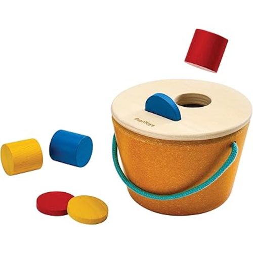 PlanToys® Drop & Fit Bucket | Wooden Shape Matching Toy for Babies 5M+ | Montessori Educational Sorting Toy with 6 Blocks | Develops Hand-Eye Coordination, Shape Sorter & Problem-Solving Skills